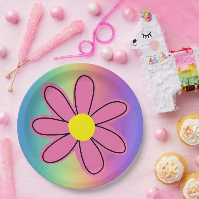 Rainbow with Pink Flower Paper Plate (Party)