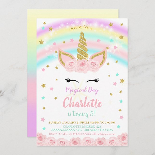 Rainbow With Pink Flowers Unicorn Invitation (Front/Back)
