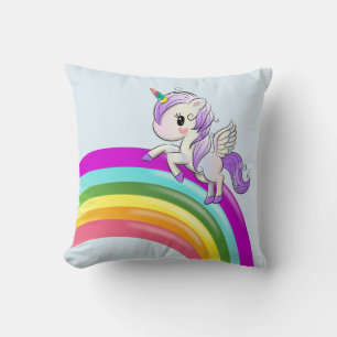 Rainbow with Unicorn Girly Throw Pillow