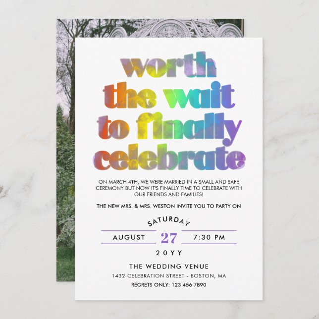 Rainbow Worth the Wait Sequel Wedding Celebration Invitation (Front/Back)