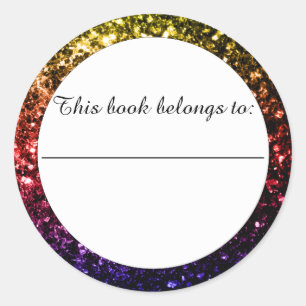 Rainbow yellow red purple faux glitter Bookplate Classic Round Sticker