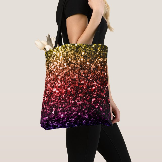Rainbow yellow red purple faux glitter sparkles tote bag (Close Up)