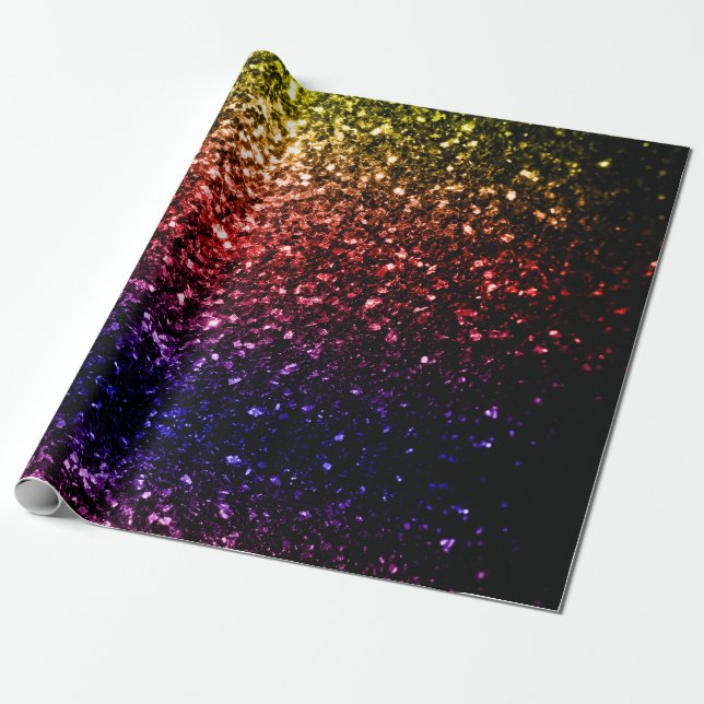 Rainbow yellow red purple faux glitter sparkles wrapping paper (Unrolled)