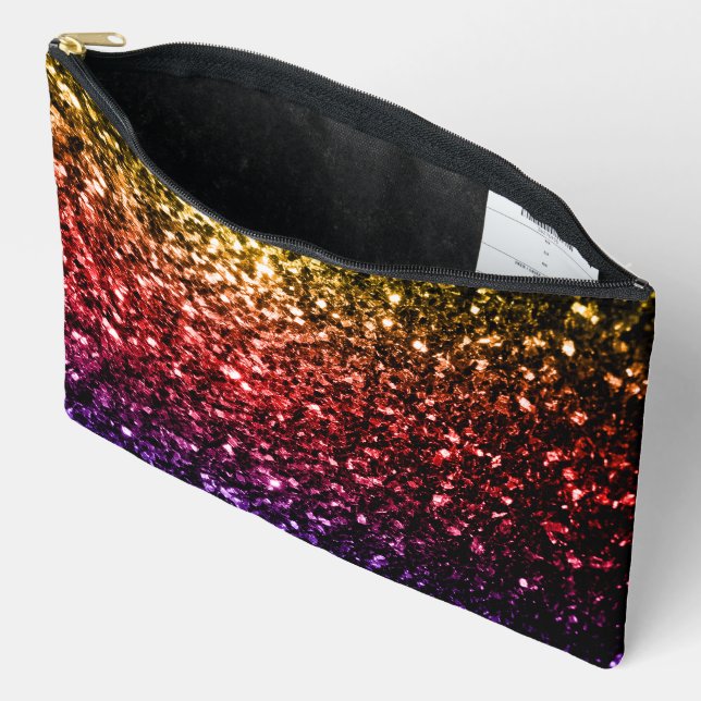 Rainbow yellow red purple faux sparkles accessory pouch (Open)