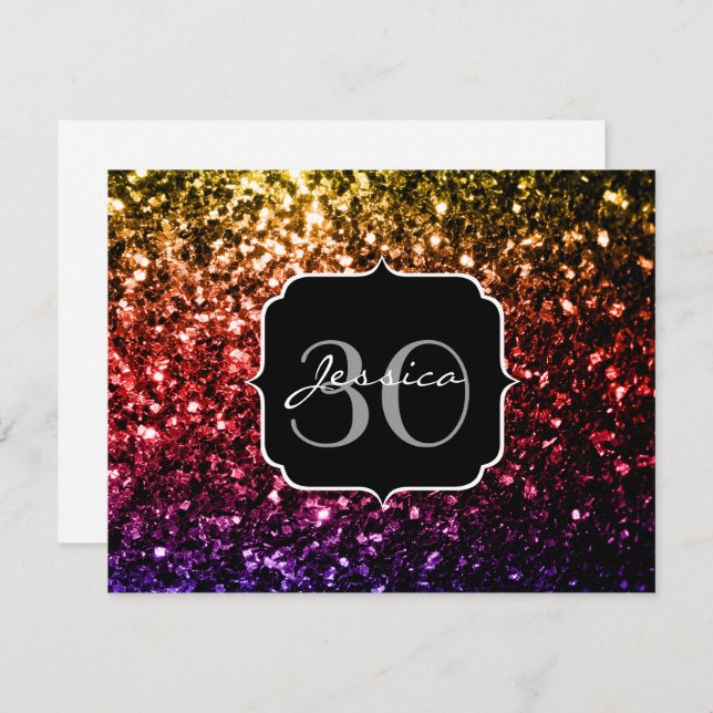 Rainbow yellow red purple faux sparkles Monogram Invitation (Front/Back)