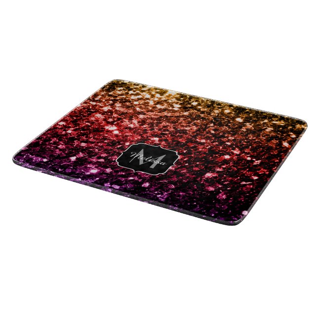 Rainbow yellow red purple sparkles Monogram Cutting Board (Corner)