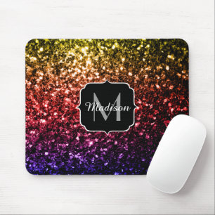 Rainbow yellow red purple sparkles Monogram Mouse Pad