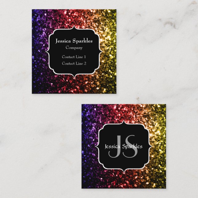 Rainbow yellow red purple sparkles Monogram Square Business Card (Front/Back)