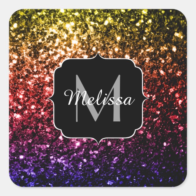Rainbow yellow red purple sparkles Monogram Square Sticker (Front)
