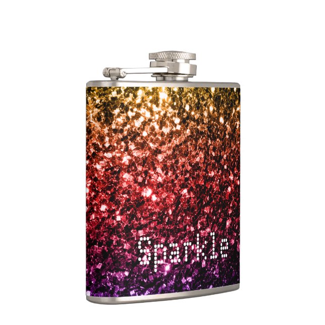 Rainbow yellow red purple sparkles Personalise Hip Flask (Right)