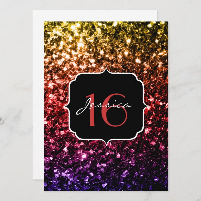 Rainbow yellow red purple sparkles Sweet 16 Invite (Front/Back)