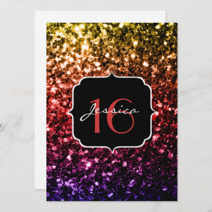 Rainbow yellow red purple sparkles Sweet 16 Invite