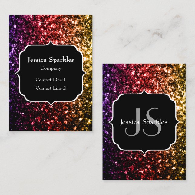 Rainbow yellow red purple sparkles with Monogram Business Card (Front/Back)