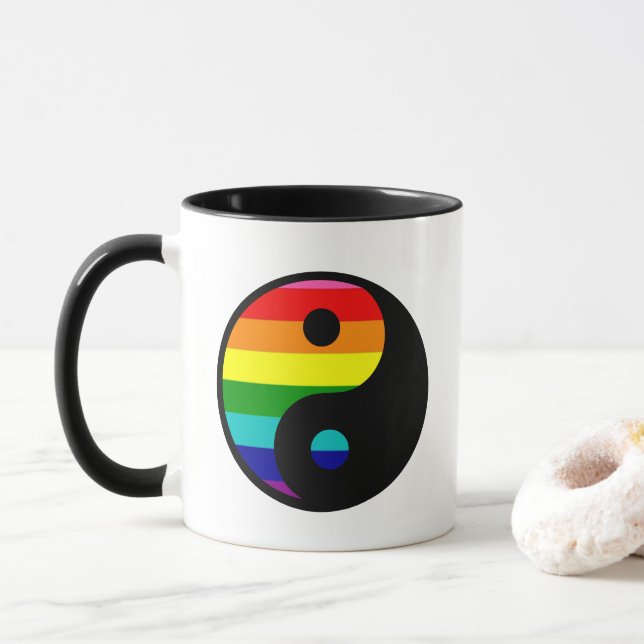 Rainbow Yin Yang LGBTQ Pride Balance Symbol Mug (With Donut)