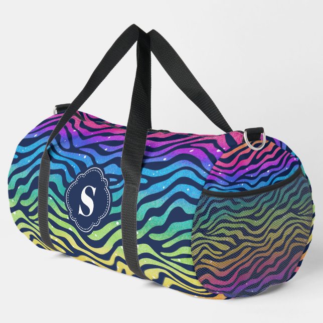 Rainbow Zebra Pattern Monogrammed Duffle Bag (Right Corner)