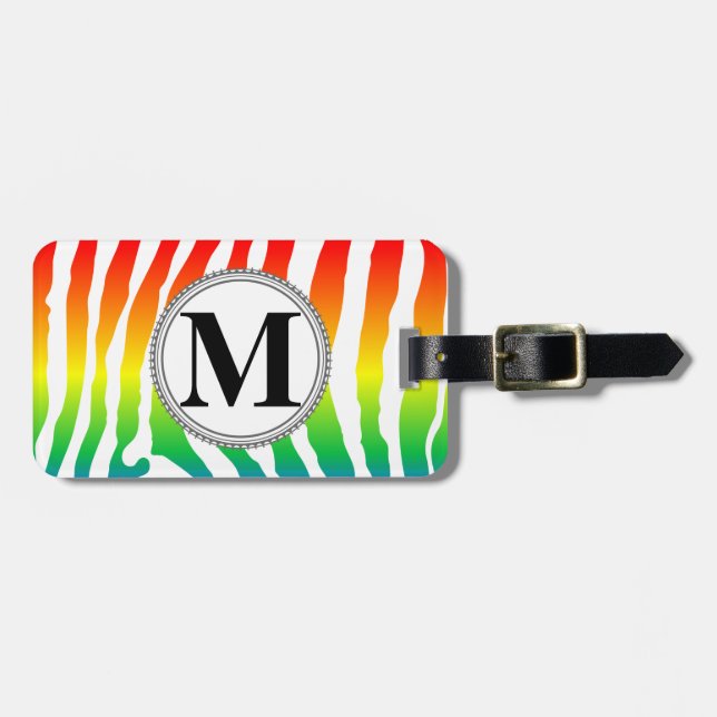 Rainbow Zebra Pattern With Monogram Luggage Tag (Front Horizontal)
