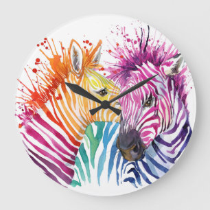 Rainbow zebra, watercolor wild illustration. large clock