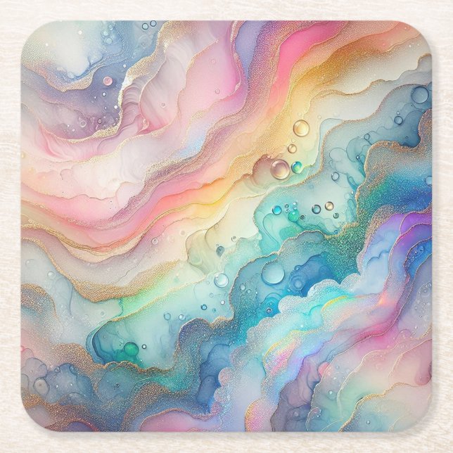 Rainbows and Bubbles Paper & Party Plates Square Paper Coaster (Front)
