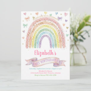 Rainbows and Hearts First Birthday Invite Pastel