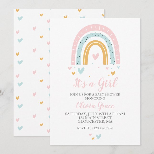 Rainbows and Hearts Girl Baby Shower Pastel Invita Invitation (Front/Back)