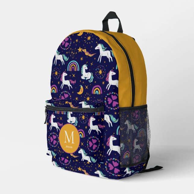 Rainbows and Unicorns with mustard  Printed Backpack (Back Corner Right)