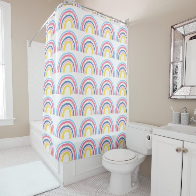 Rainbows Boho Pink Blue Yellow Fun Cute Shower Curtain (In Situ)