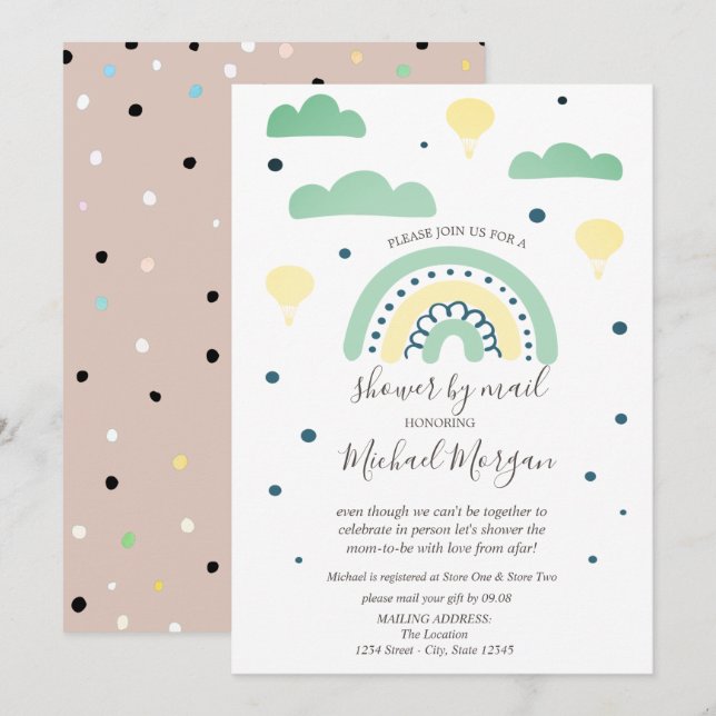Rainbows,Clouds,Dots Virtual Baby Shower By Mail Invitation (Front/Back)