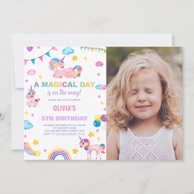 Rainbows Flags Unicorn Birthday Invitations photo (Front)