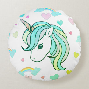Rainbows & Green Unicorn Heart Print Round Pillow