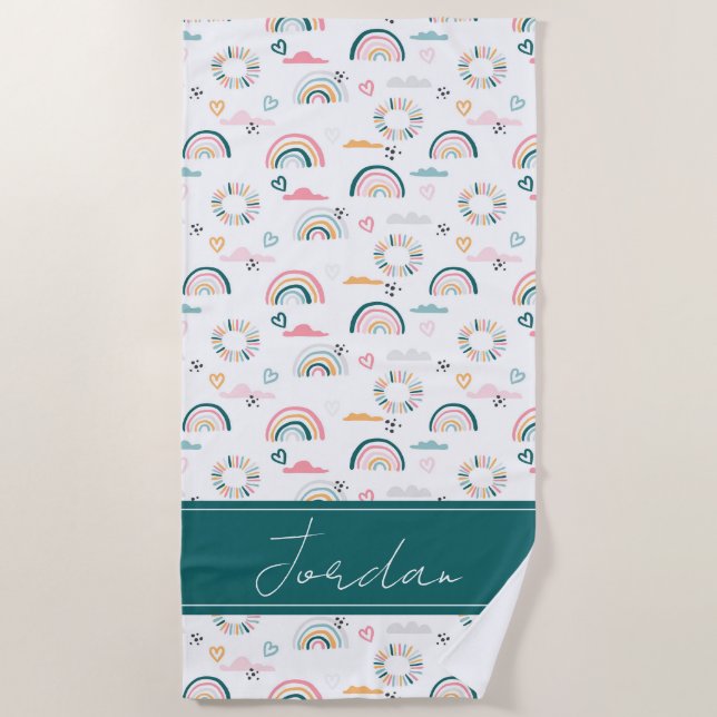 Rainbows & Hearts Pattern Beach Towel (Front)