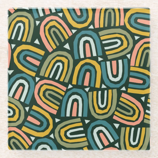 Rainbows in geometric style, vintage pattern. glass coaster (Front)