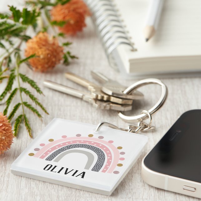 Rainbows Name Pink Boho Pattern Key Ring (Front Right)