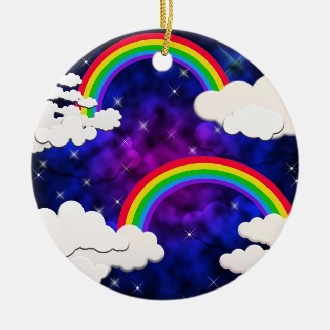 Rainbows, Stars and Clouds in a Night Sky Ceramic Tree Decoration (Front)