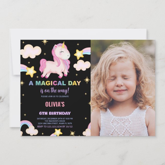 Rainbows Unicorn Birthday Invitations with photo (Front)