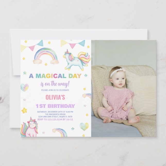 Rainbows Unicorn Birthday Invitations with photo (Front)