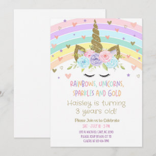 Rainbows Unicorns Sparkles and Gold invitation. Invitation