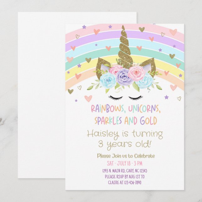 Rainbows Unicorns Sparkles and Gold invitation. Invitation (Front/Back)