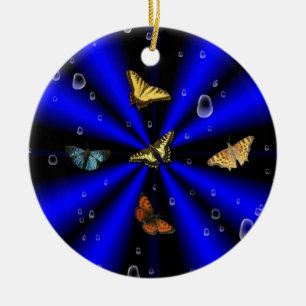 Raindrops and Butterfly on black and blue Ceramic Tree Decoration