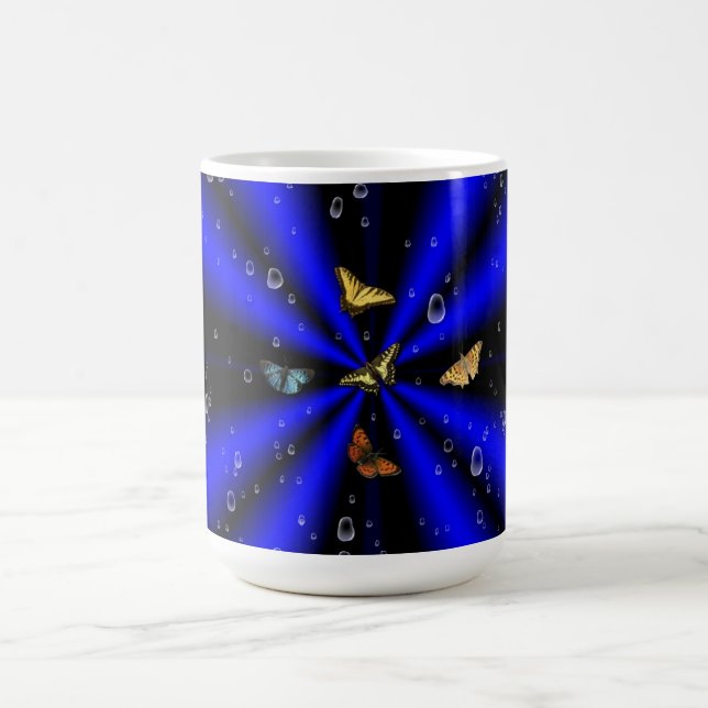 Raindrops and Butterfly on black and blue Coffee Mug (Center)