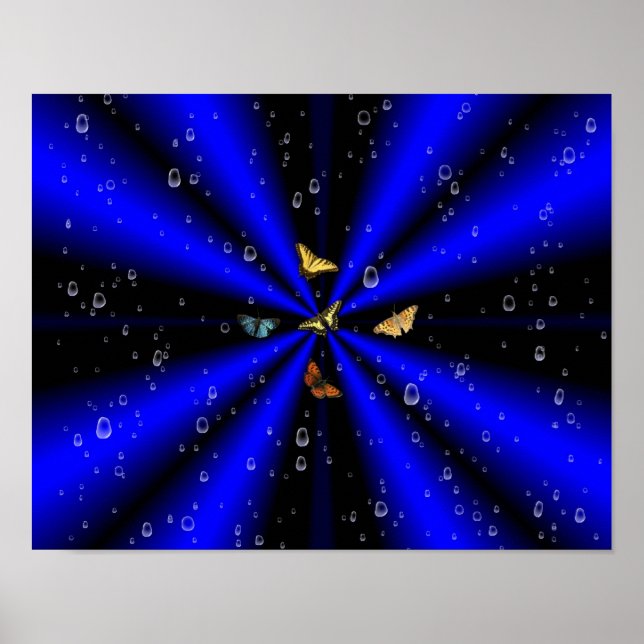 Raindrops and Butterfly on black and blue Poster (Front)