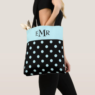Raindrops Blue Polka Dots on Black Monogram Tote Bag