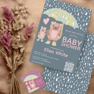 Raindrops Mama & Baby Bear QR CODE Custom Shower Invitation