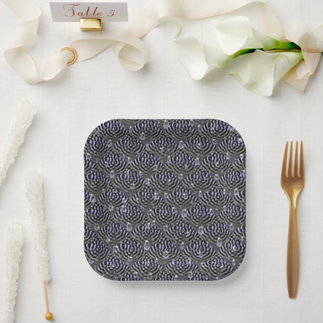 Raindrops on blue grey Metal Paper Plate (Wedding)