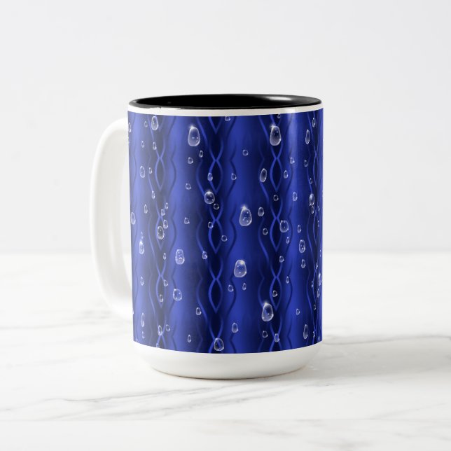 Raindrops on blue Metal Two-Tone Coffee Mug (Front Left)