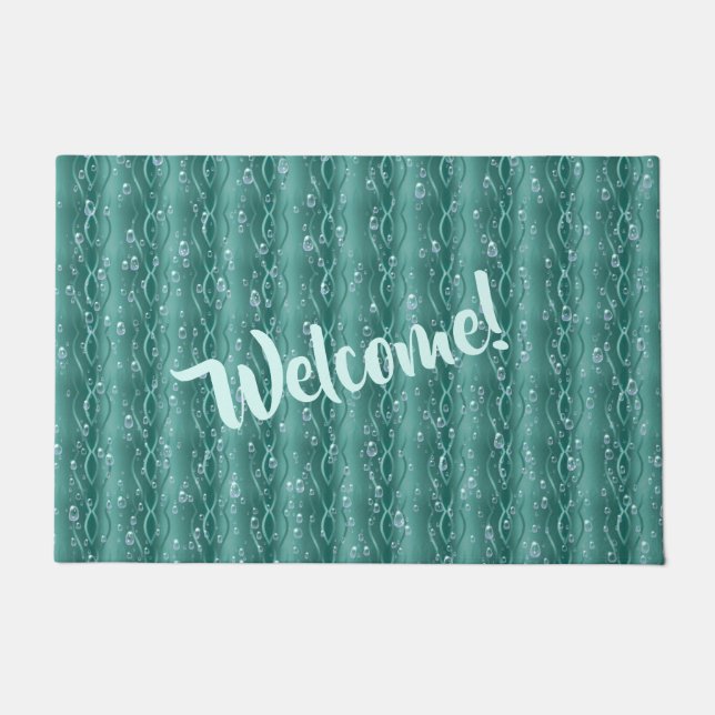 Raindrops on green Metal Doormat (Front)