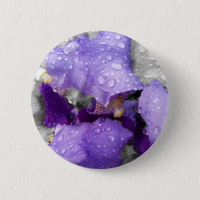 raindrops on iris 6 cm round badge (Front)