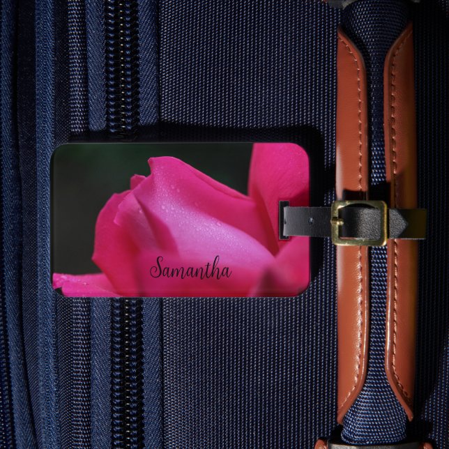 Raindrops On Red Rosebud Personalised Luggage Tag (Front Insitu 4)