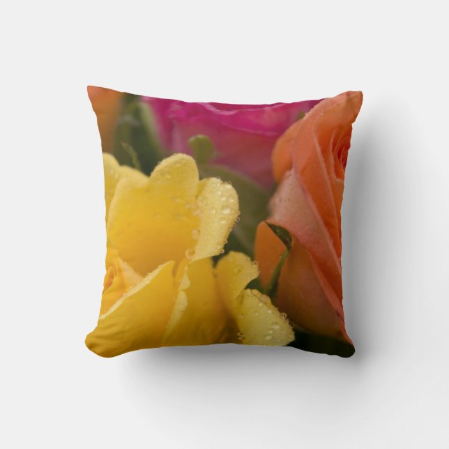 Raindrops on Yellow Orange and Pink Roses Cushion (Front)