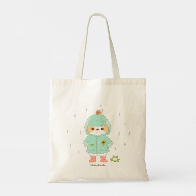 Rainey Day Mochi In a Raincoat and Frog, Snail Tote Bag (Back)