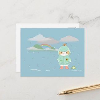 Rainey Day Mochi with a Teal Raincoat Froggy buddy Postcard